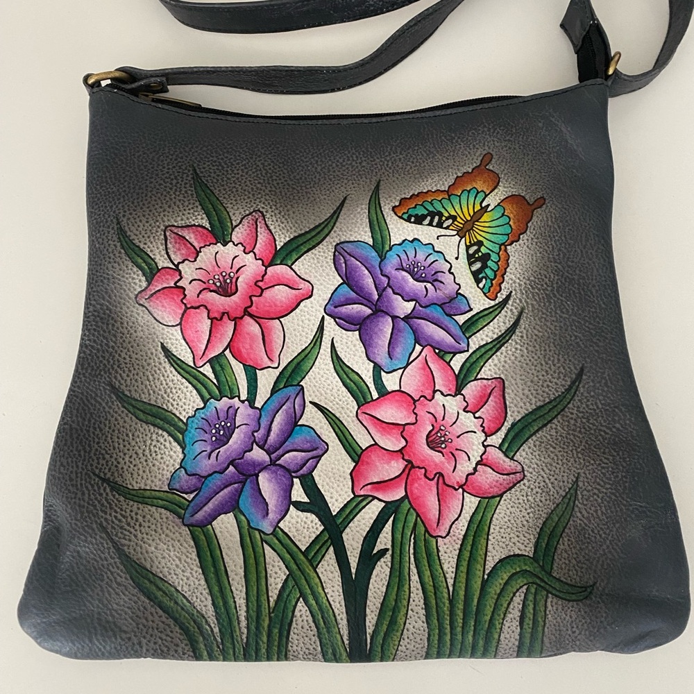 Hand Crafted Black Leather Crossbody with Pink & Purple Floral Art